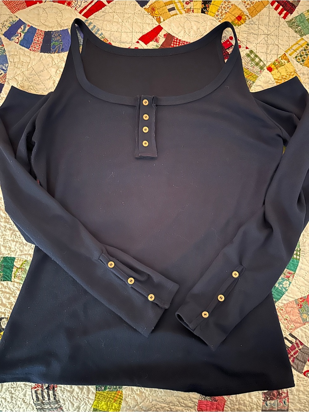 Cold-Shoulder Navy Long-Sleeve Top with Button Trim